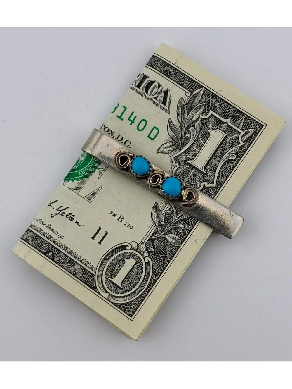 Vintage Nickel Money Clip with Turquoise Stones set in Silver Bezels SW style